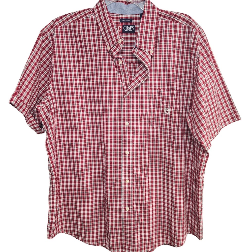 Chaps Mens XXL Shrot Sleeve Button Down Shirt Red Wht Blue Plaid Easy Care Logo